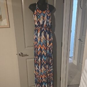 Renee C. Chevron Halter Maxi in Navy, Orange & Teal